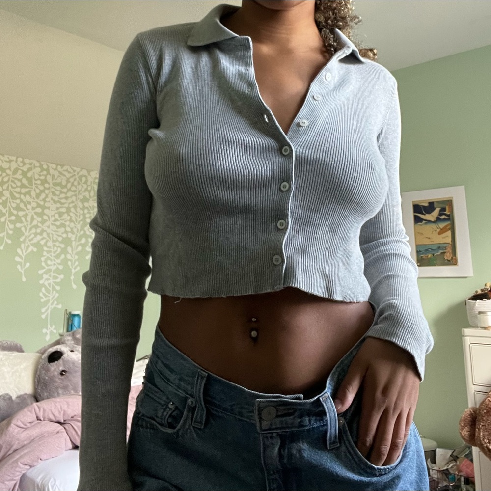 Gray Brandy Melville Cropped Collared Long Sleeve